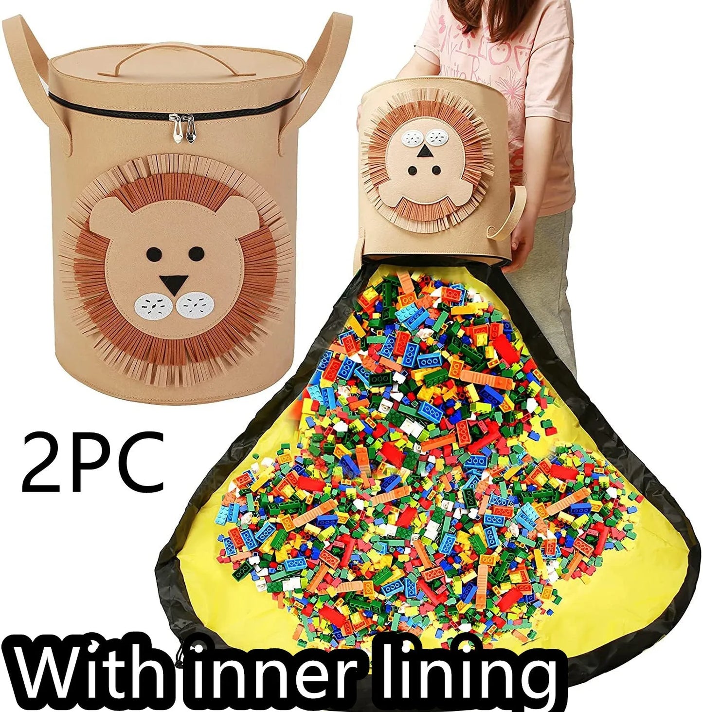 Green felt storage cube with pull rope unfolded into a large square play mat on a wooden floor.