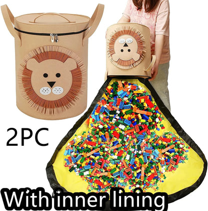 Green felt storage cube with pull rope unfolded into a large square play mat on a wooden floor.
