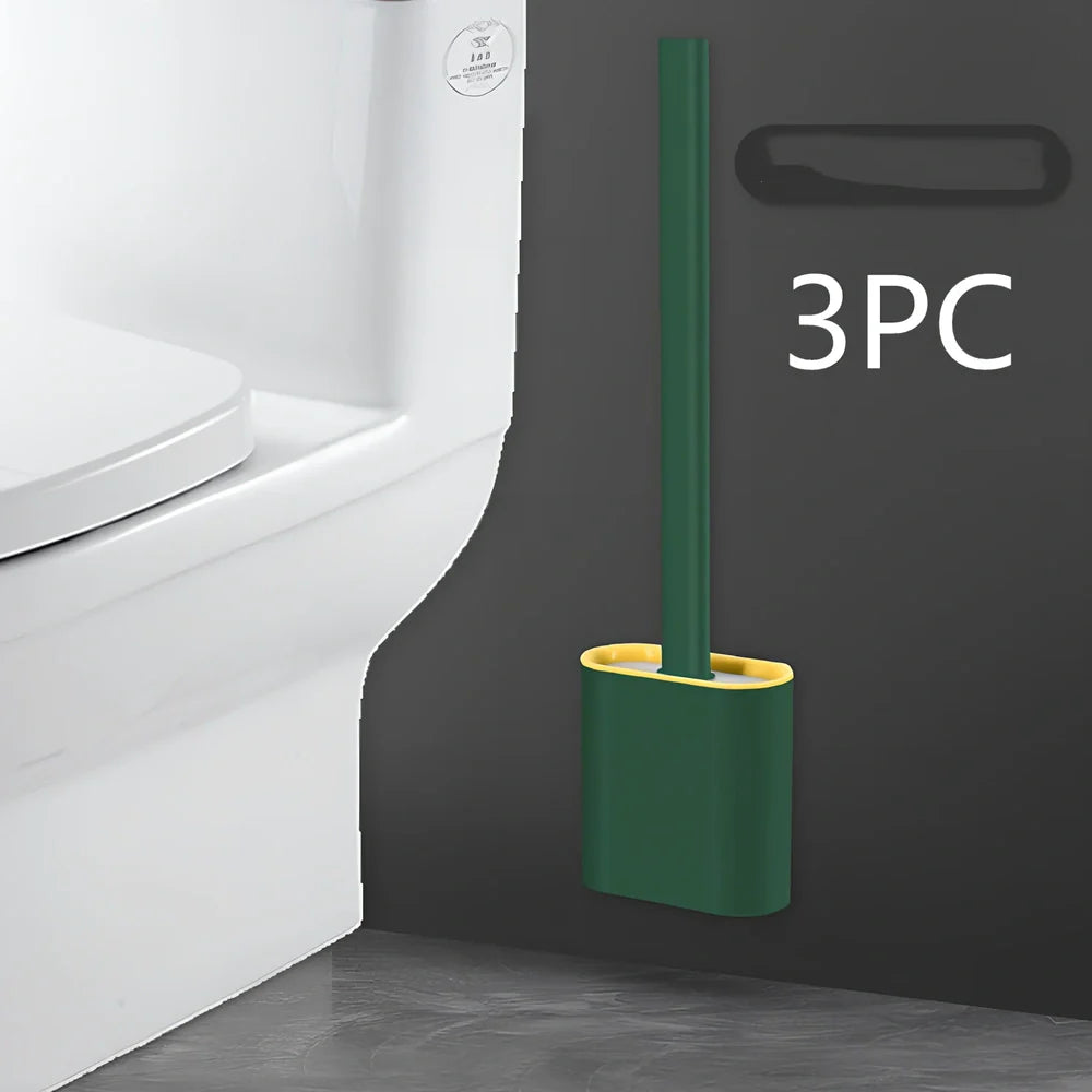 Wall-mounted soft toilet brush with silicone bristles and cover in midnight green colour