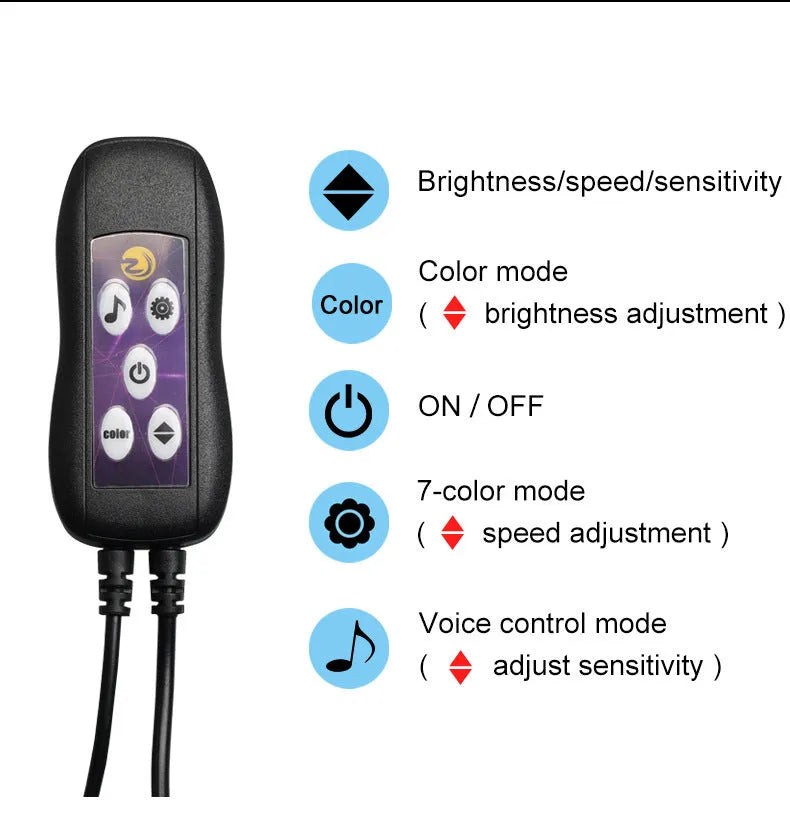 Flexible car LED ambient lighting strip installed on dashboard with USB power cable and colour-changing effects