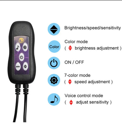 Flexible car LED ambient lighting strip installed on dashboard with USB power cable and colour-changing effects