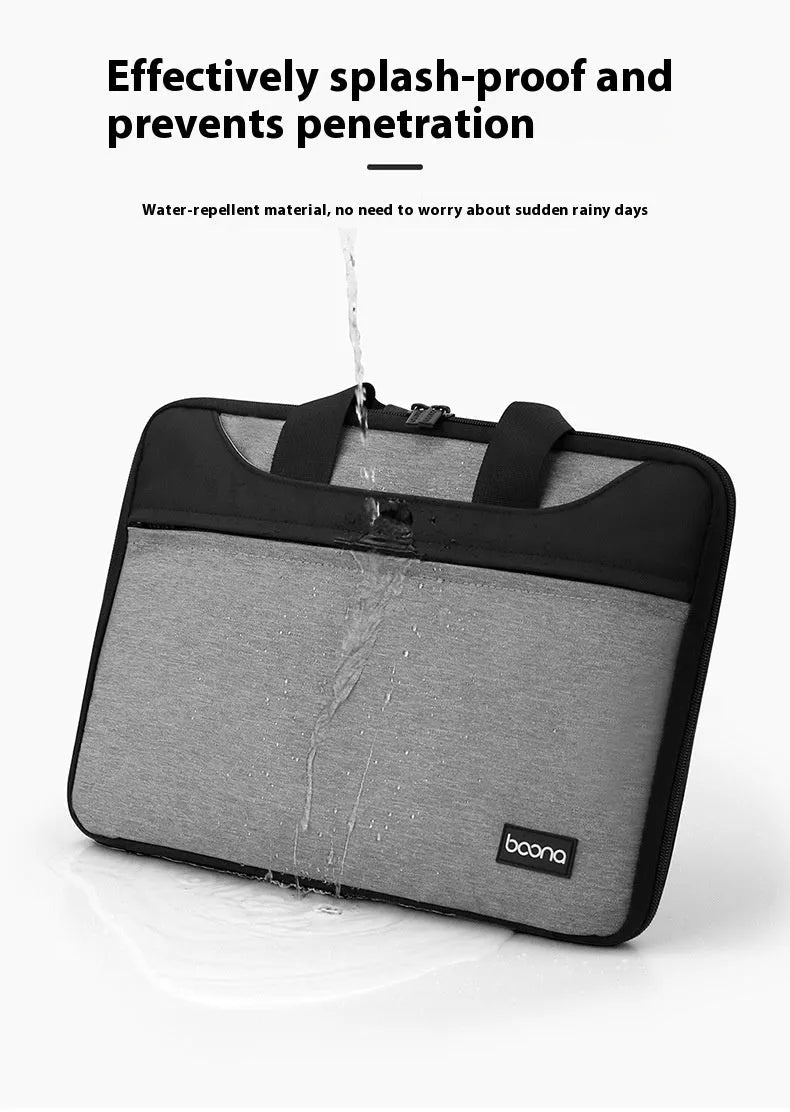 Black full zip opening Oxford cloth laptop bag for business travel with a soft carry handle.