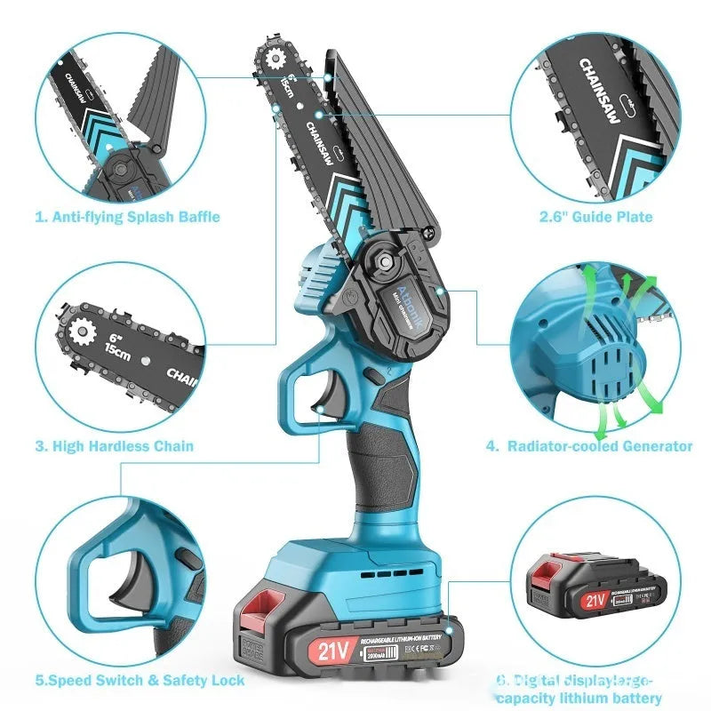 Compact cordless electric chainsaw with 6-inch chain, two batteries, safety goggles, gloves, and accessories in storage box