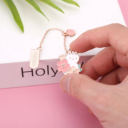 Metal bookmark pendant with cherry blossom cartoon cat design for journal decoration