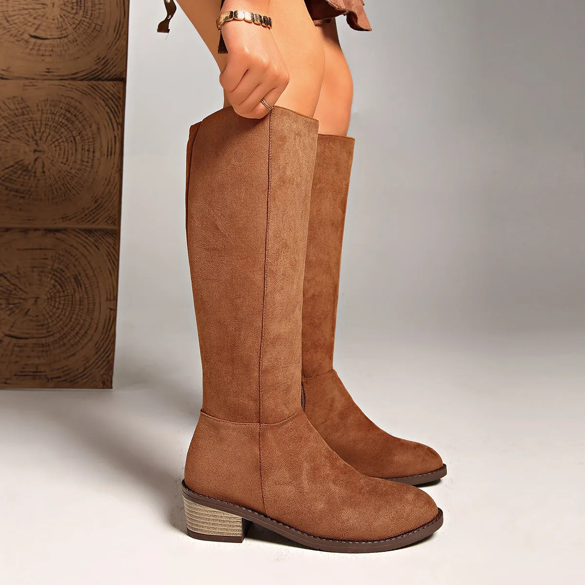 Women's slimming suede boots with side zipper, mid heel, pointed toe, cowhide upper, in khaki black brown.