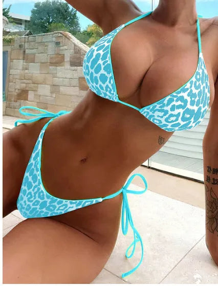 Women's lace-up triangle split bikini set in polyester fabric with multiple colour style options