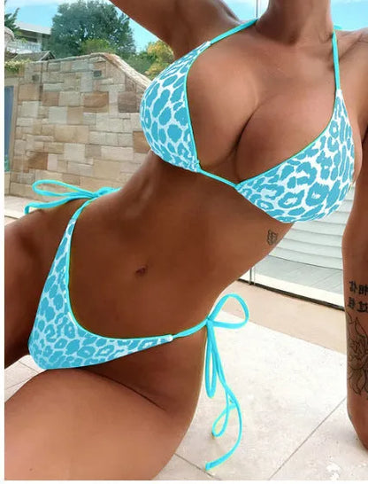 Women's lace-up triangle split bikini set in polyester fabric with multiple colour style options