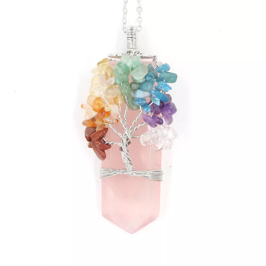 Crystal Column Tree of Life Winding Pendant Necklace in various natural crystal colors