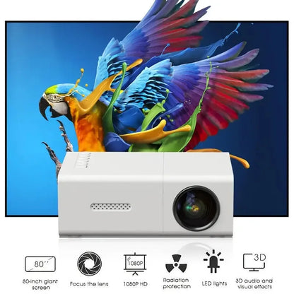 M100 Mini Projector in white or black with 100-inch screen, remote control, and cables for home cinema setup