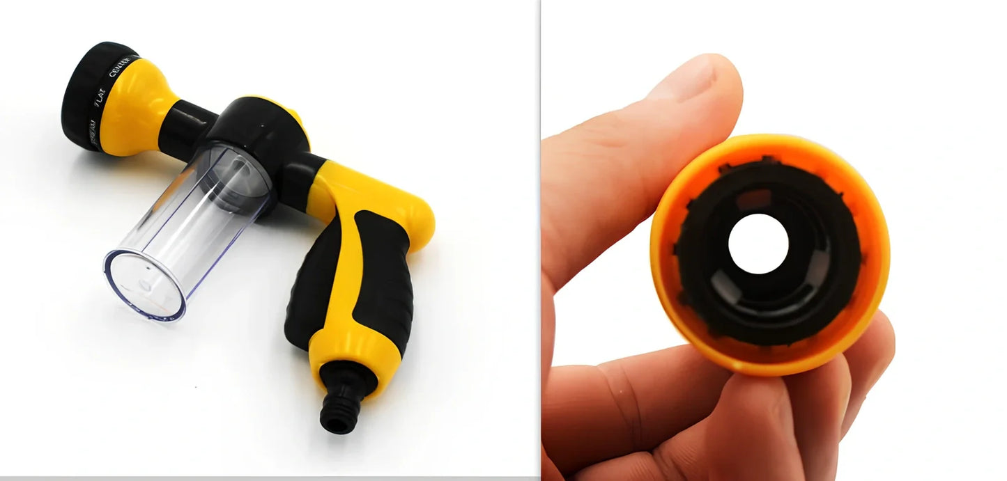 Green plastic household foam high pressure car wash water gun, 22x19x6cm size with adjustable nozzle for foam spraying