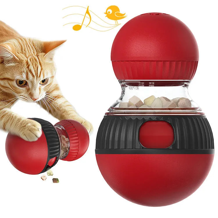 Colourful rotating plastic cat toy ball with treat dispenser and sound, shown next to a cat.