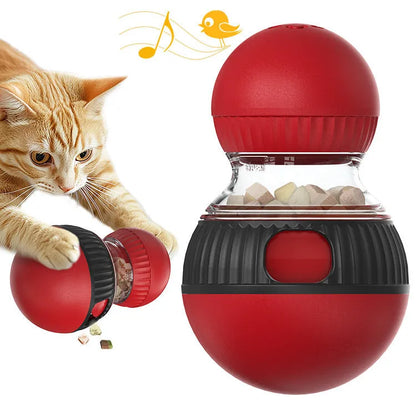 Colourful rotating plastic cat toy ball with treat dispenser and sound, shown next to a cat.