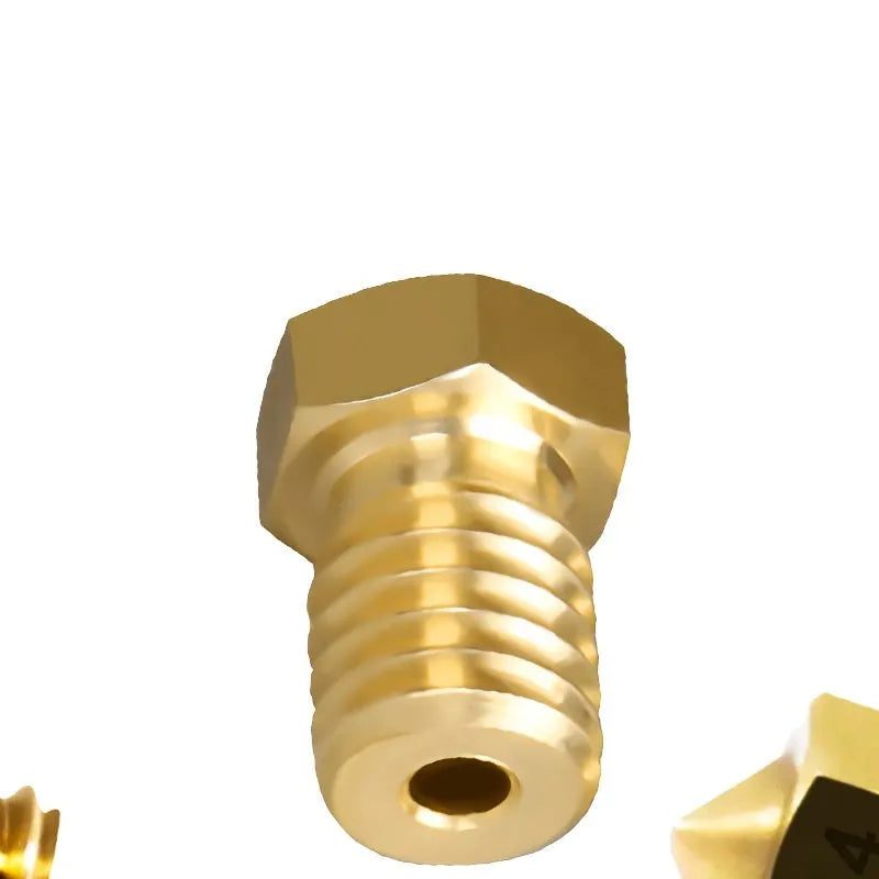 Brass 3D printer nozzle with M6 thread showing different outlet aperture sizes on a white background.
