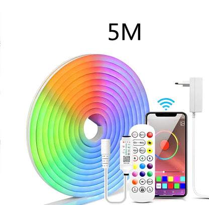 Flexible 12V RGB LED neon strip, 6mm x 15mm waterproof design with Bluetooth controller for home decor, 1-5m lengths