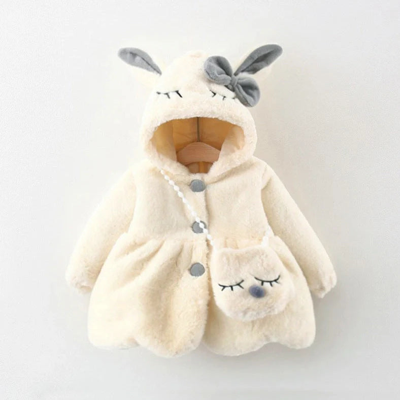 Children's furry cotton-padded coat with cartoon pattern in red colour, showing single-breasted closure and fleece lining