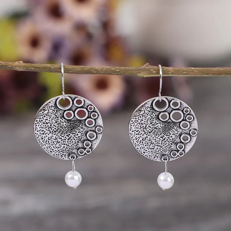 Silver alloy baroque pearl stud earrings with geometric retro shape, 4x2cm, one pair for women