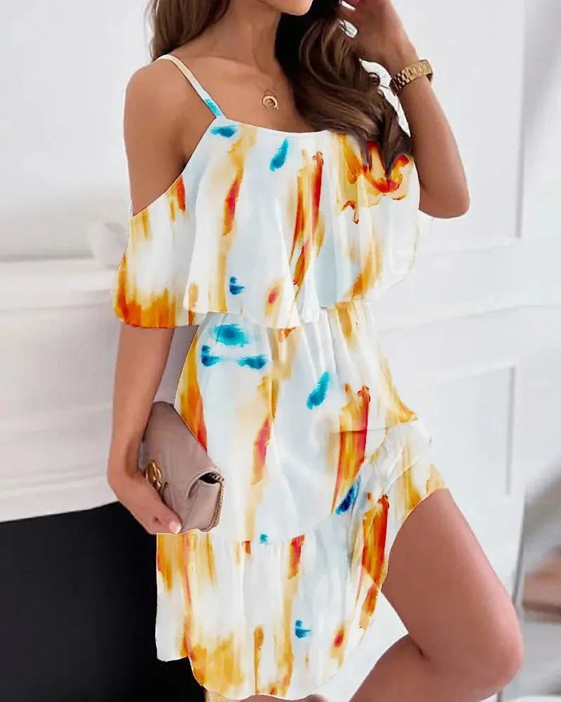 Women's flower printed ruffled suspender dress with off-the-shoulder strap in various colors