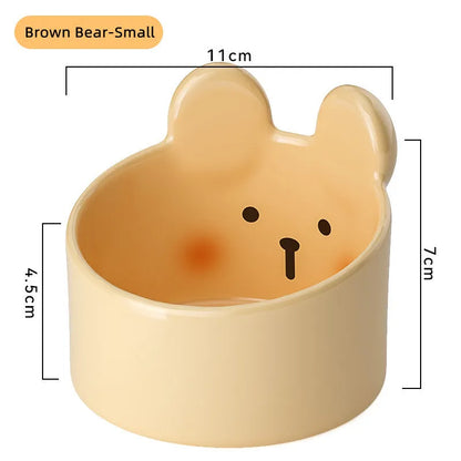 Ceramic pet feeding bowls with neck protection in white and brown animal designs