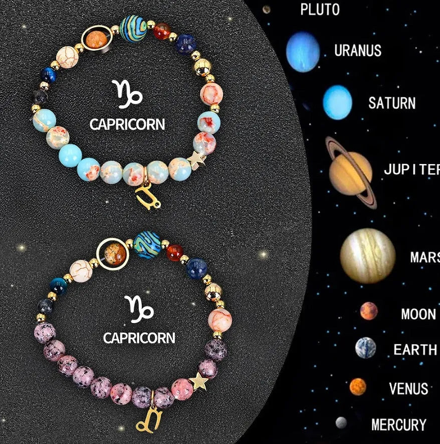 Twelve Zodiac Sign natural stone beaded bracelets with adjustable 20-24cm length showing distinct astrological designs