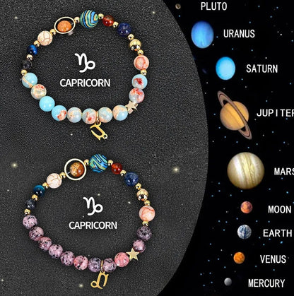 Twelve Zodiac Sign natural stone beaded bracelets with adjustable 20-24cm length showing distinct astrological designs