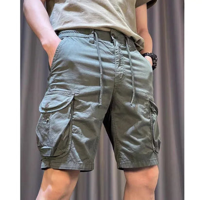 Loose straight multi-pocket casual overalls pants in black, grey, green, or khaki with a relaxed fit and five pockets.