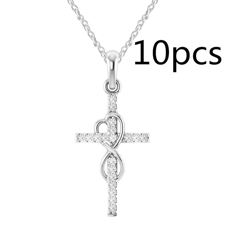 Alloy pendant necklace with diamond and eight-character cross design in gold, silver, and rose gold