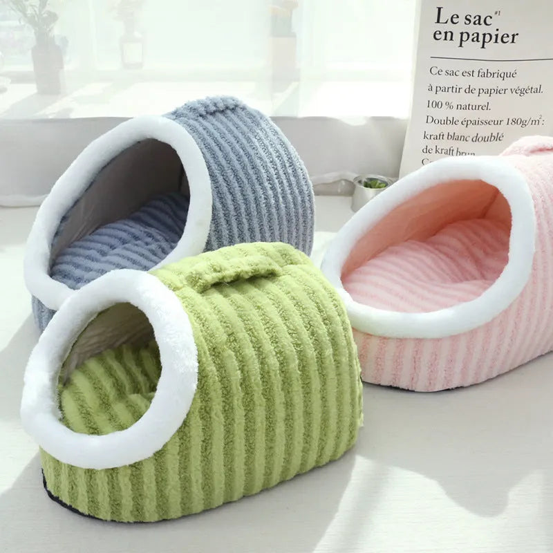 Macaron-shaped thickened cloth cat bed cage in pink, shown in a three-dimensional nest design.