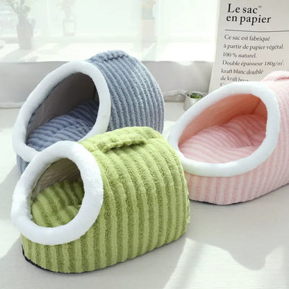 Macaron-shaped thickened cloth cat bed cage in pink, shown in a three-dimensional nest design.