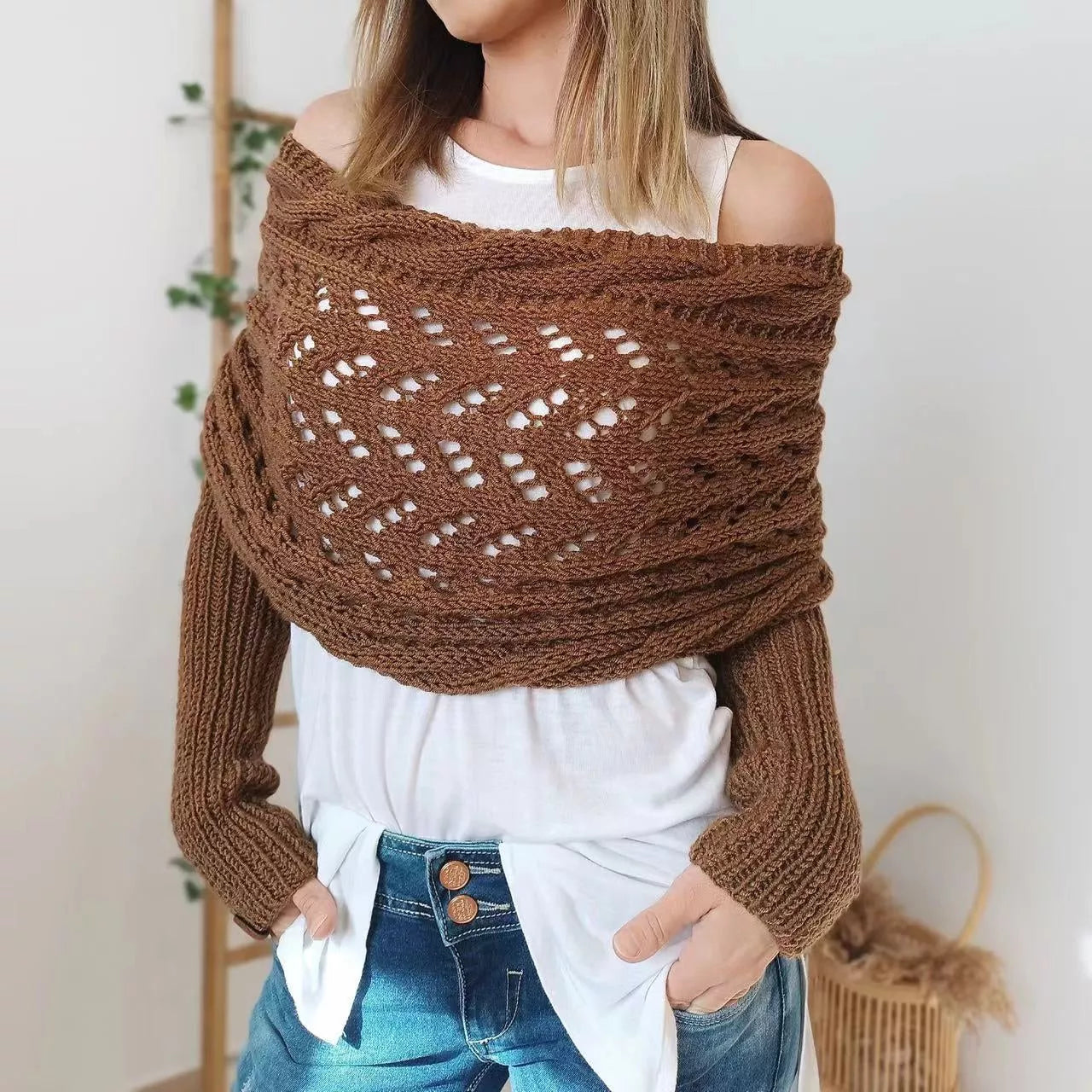 Women's hollowed-out double sleeve knitted shawl in various colors