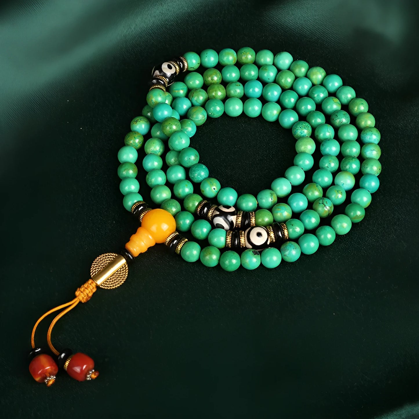 Natural turquoise bracelet with 108 polished 8mm round beads in national folk style