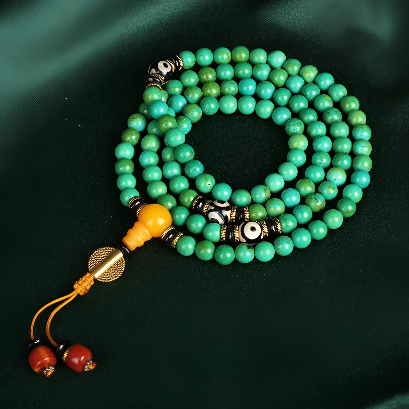 Natural turquoise bracelet with 108 polished 8mm round beads in national folk style