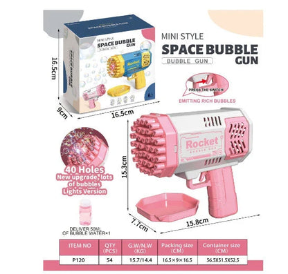 Powerful 69-hole bubble blasting rocket launcher with colorful LED lights for endless bubble-popping fun