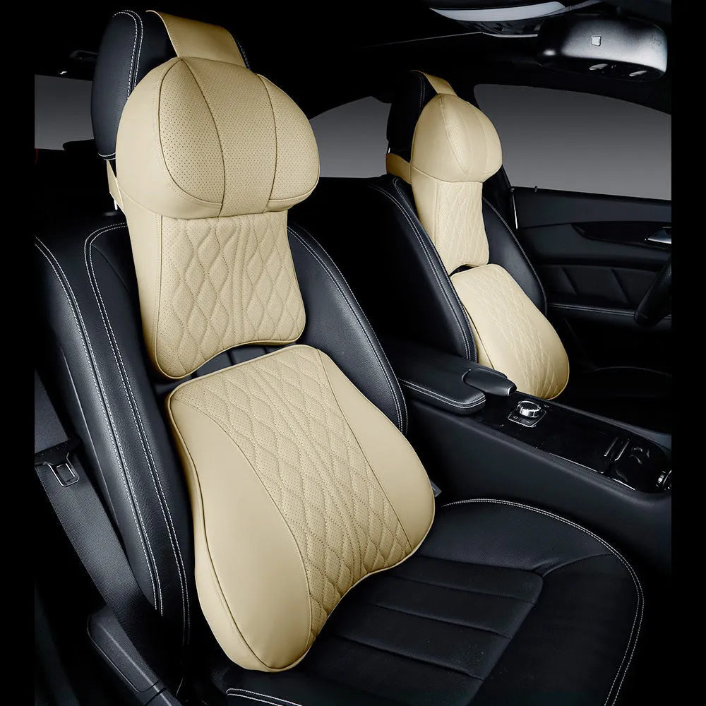 Car neck pillow and lumbar support set in leather-embossed polyester with wavy pattern design