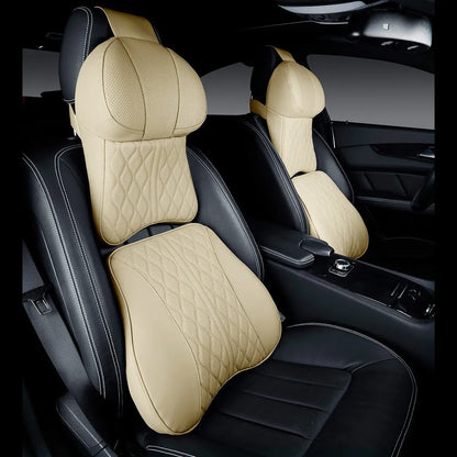 Car neck pillow and lumbar support set in leather-embossed polyester with wavy pattern design