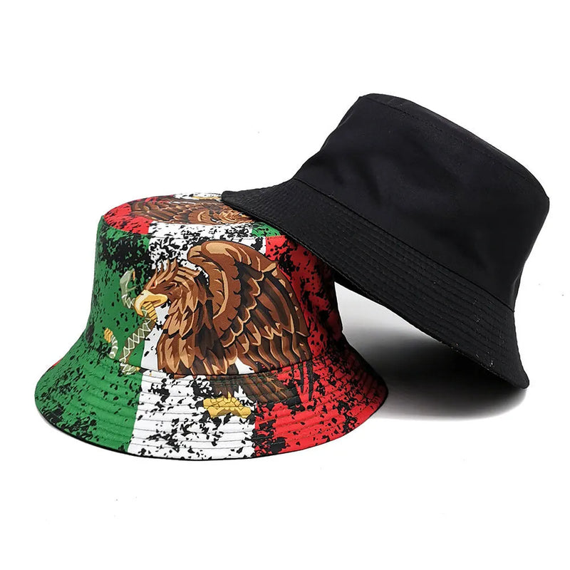 Bucket hat with eagle pattern in polyester fabric, dome crown design, retro nostalgic style, size M fits 56-58cm head circumference, suitable for all seasons and sun protection.