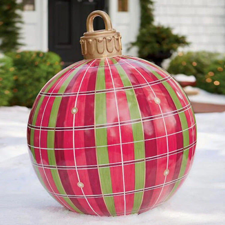 Vibrant, inflatable 60cm Christmas ball decorations in various patterns and colors for indoor and outdoor holiday display