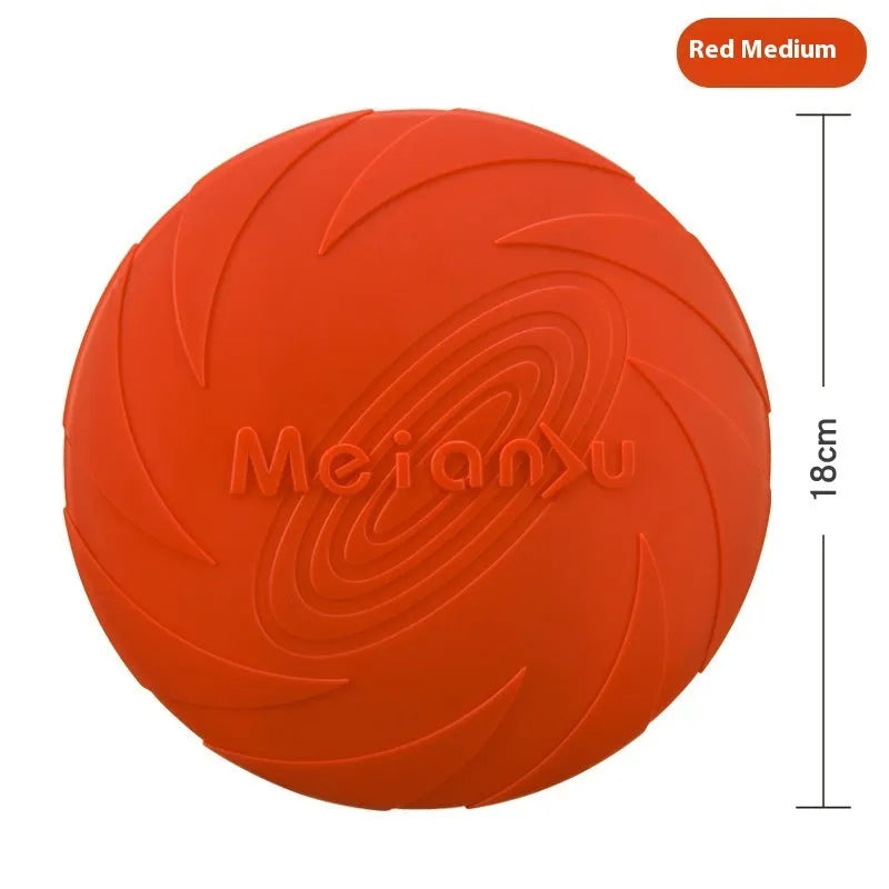 Soft rubber dog frisbee toy in red, blue, and green colours showing small, medium, and large size options