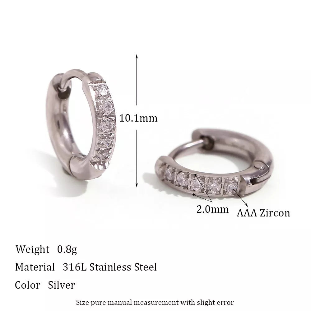 Women's titanium steel rounded edge zircon earrings in gold and steel finishes, sizes 10mm to 16mm