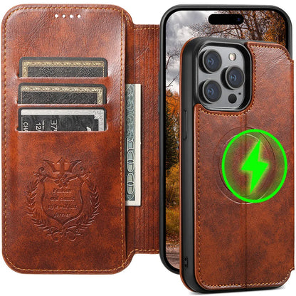 Magnetic leather iPhone case with bracket and card slot, PU TPU, Black Blue Brown Khaki, for iPhone 12 to 15 Pro Max