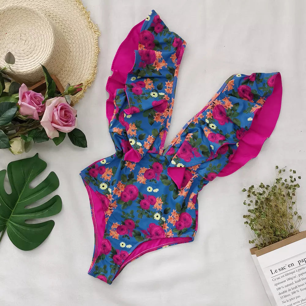 Women's one-shoulder ruffle printed one-piece swimsuit in blue