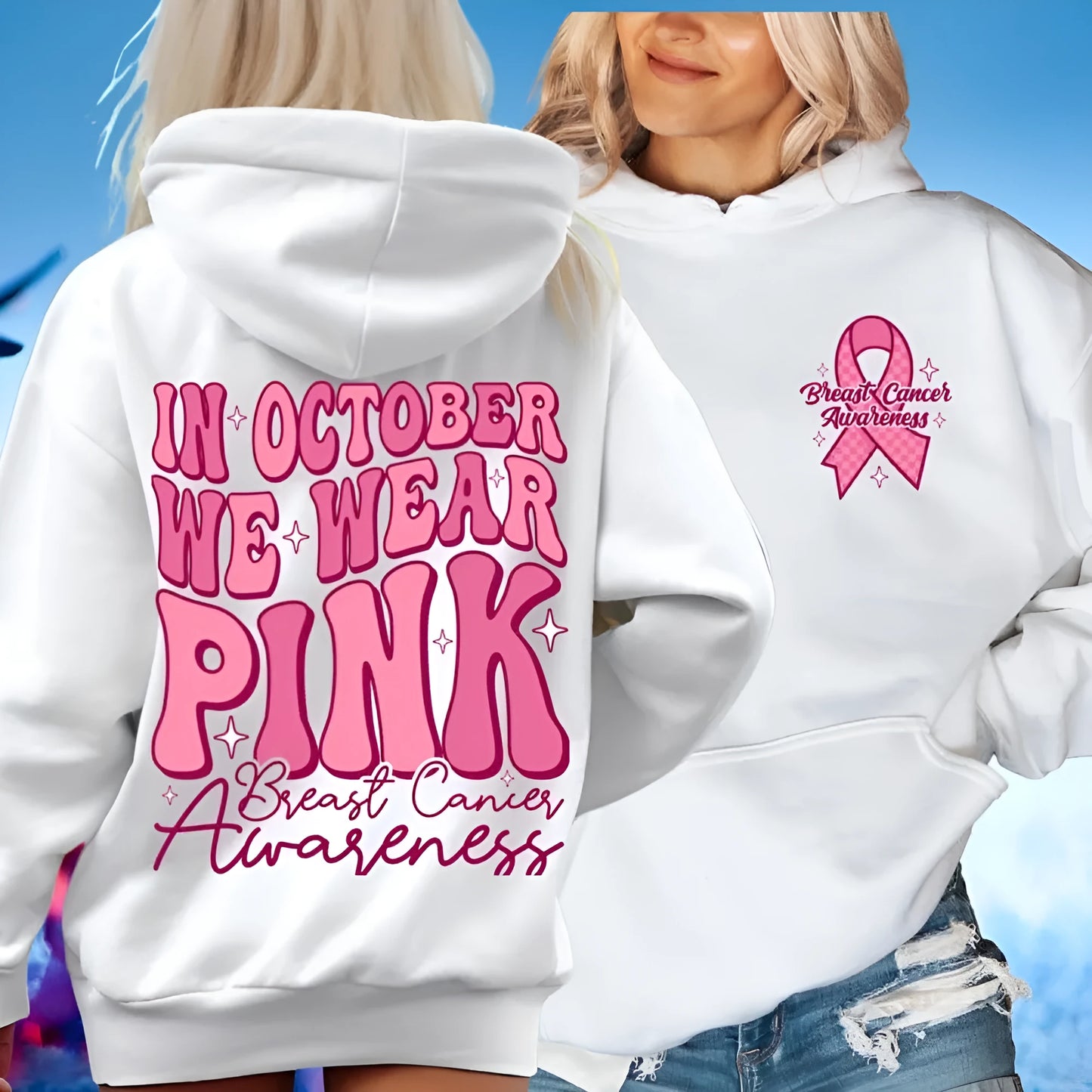 Breast cancer awareness pullover hoodie with a retro art hot stamp print and side seam pockets in khaki.