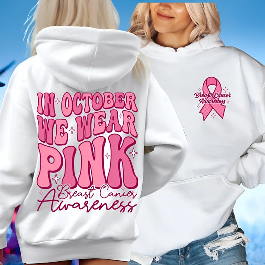 Breast cancer awareness hoodie with art retro graphic print and side seam pocket in pink colour