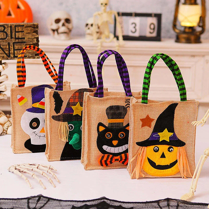 Funny Halloween Candy Tote Bag for Kids featuring witch, skull, and pumpkin designs