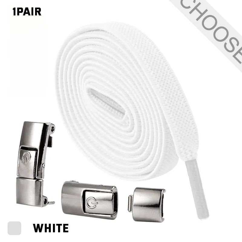 A pair of black widened flat elastic shoelaces with a silver press lock buckle on a white background.