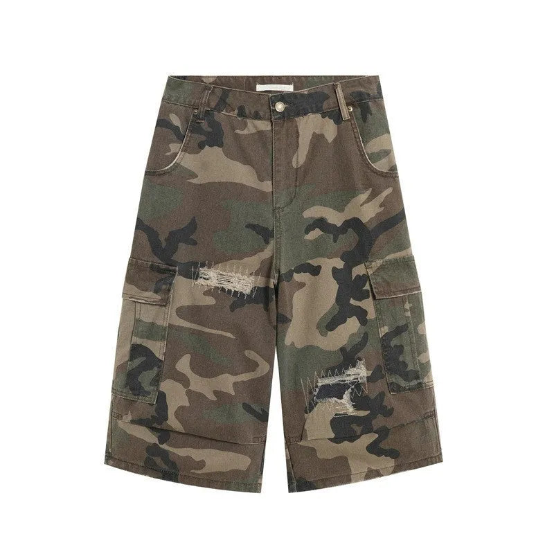 Men's camouflage cropped jeans with ripped details and straight leg fit in thin cotton fabric