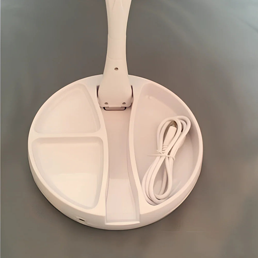 White folding LED makeup mirror showing dual magnification sides and compact storage design