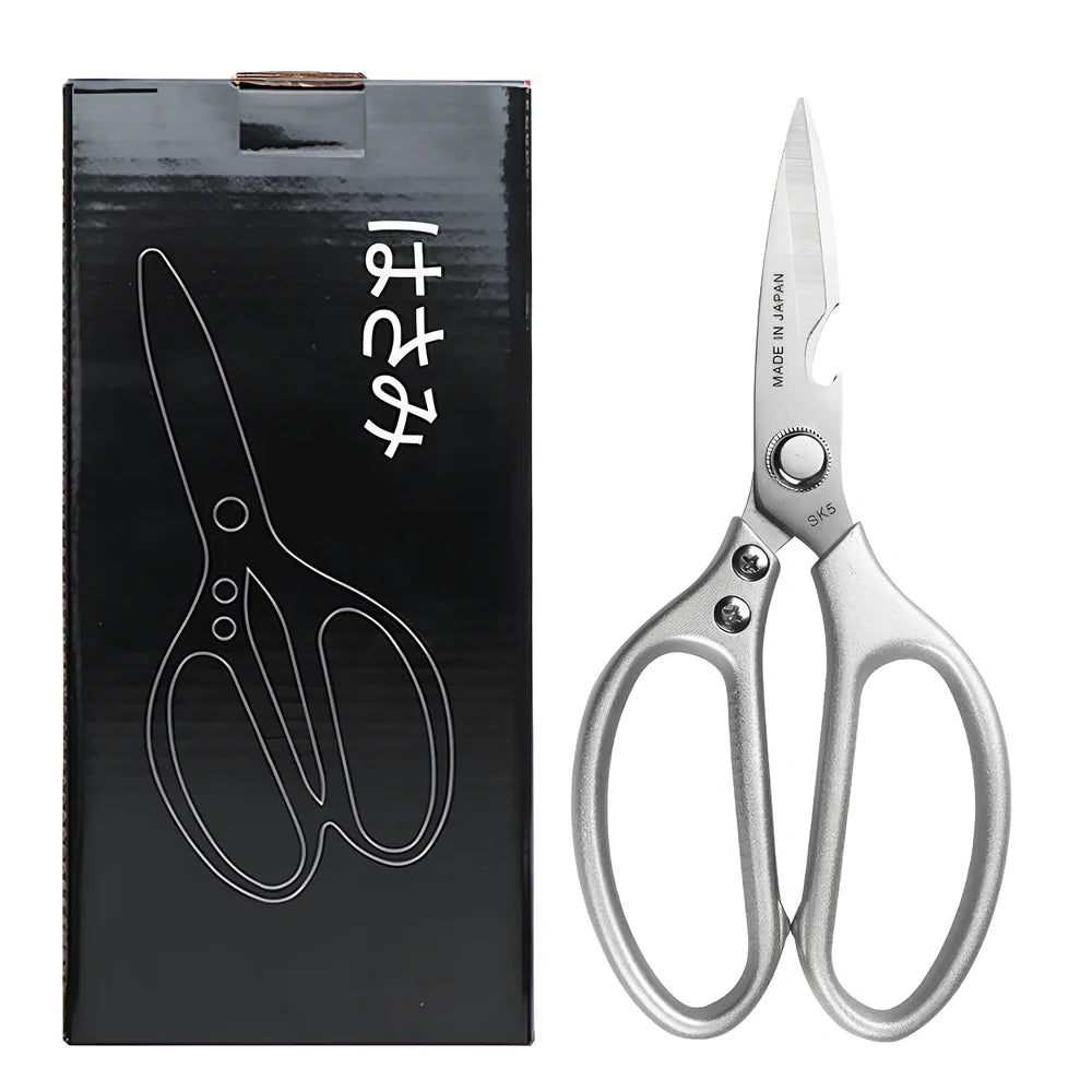 25cm stainless steel chicken bone scissors with brown leather sheath for kitchen meat and fish cutting, 245g weight