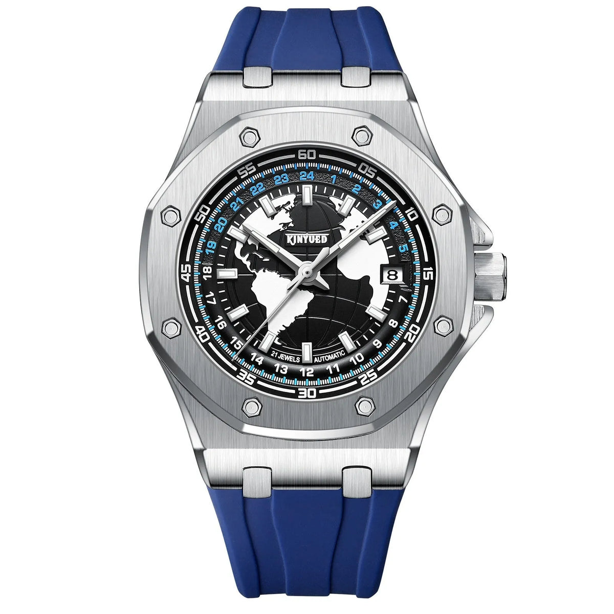 Automatic men's hollow mechanical watch with stainless steel strap, round alloy case, 30m waterproof, Black Blue Orange