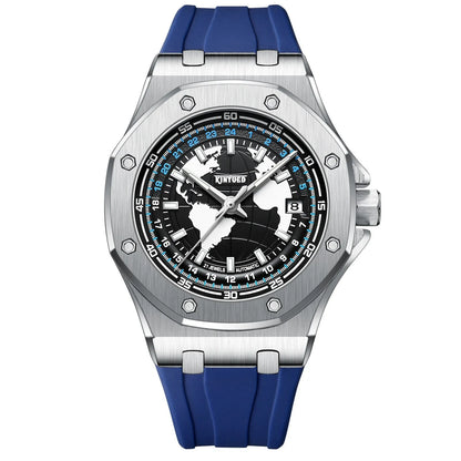 Automatic men's hollow mechanical watch with stainless steel strap, round alloy case, 30m waterproof, Black Blue Orange