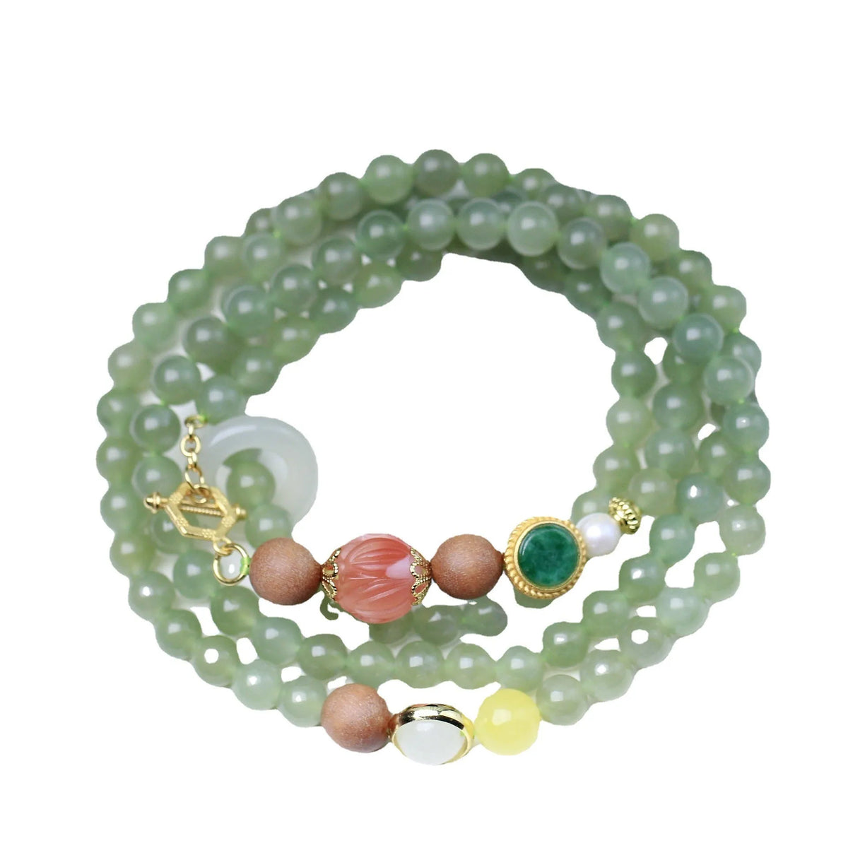Natural Hetian jade lotus bead necklace and bracelet set with zodiac animal design